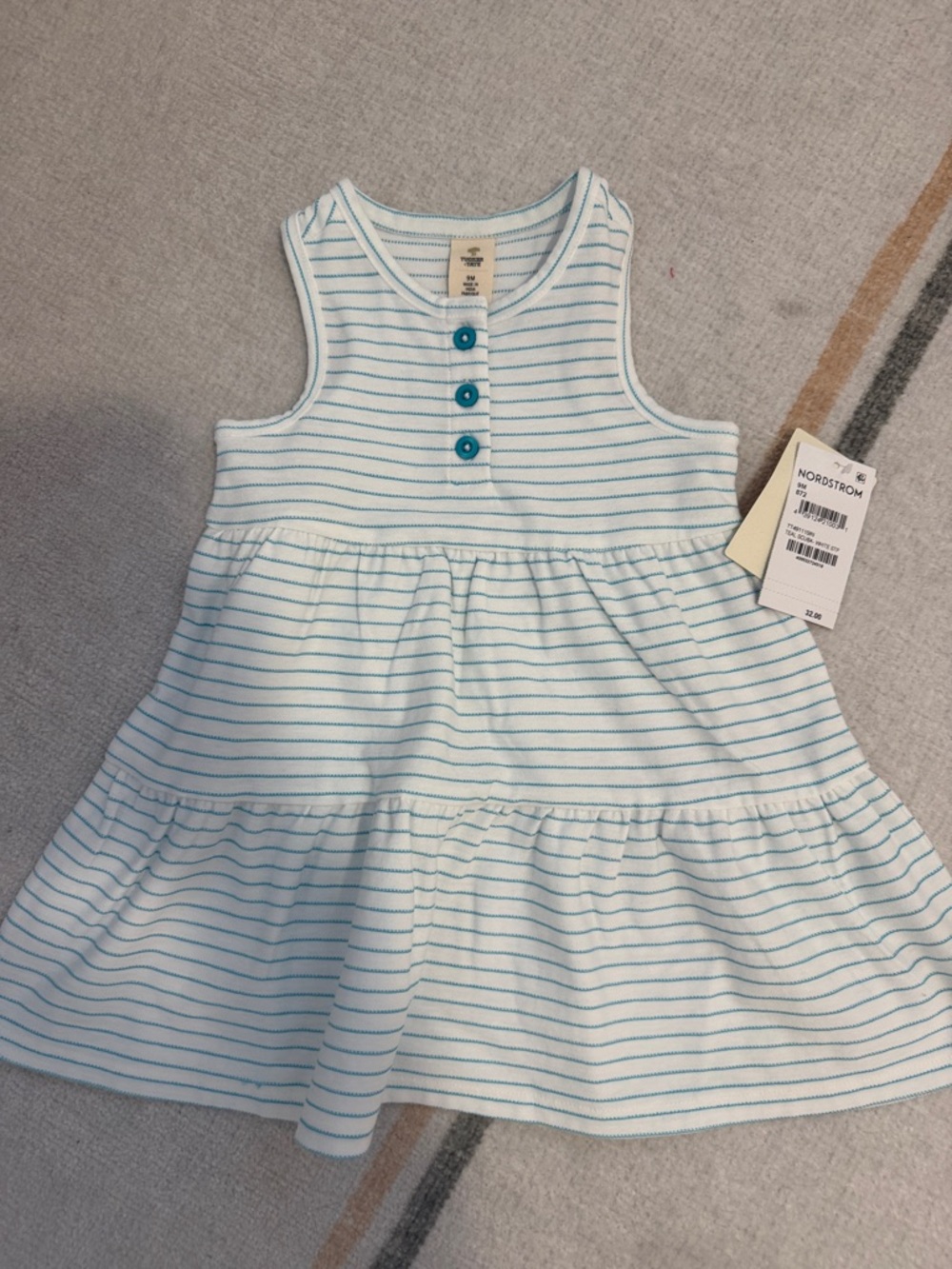 Tucker + Tate White Dress with Teal Stripes and Buttons